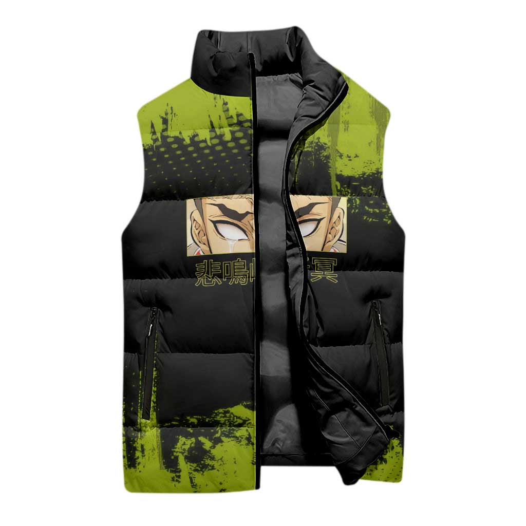 Gyomei Himejima Demon Slayer Bold Green Theme Sleeveless Puffer Jacket with Prayer Pose and Intense Expression Design - The Mazicc
