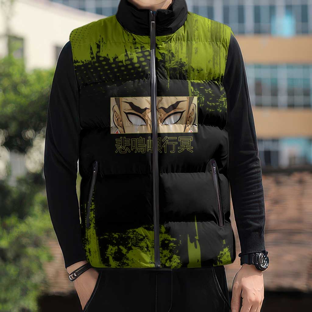 Gyomei Himejima Demon Slayer Bold Green Theme Sleeveless Puffer Jacket with Prayer Pose and Intense Expression Design - The Mazicc