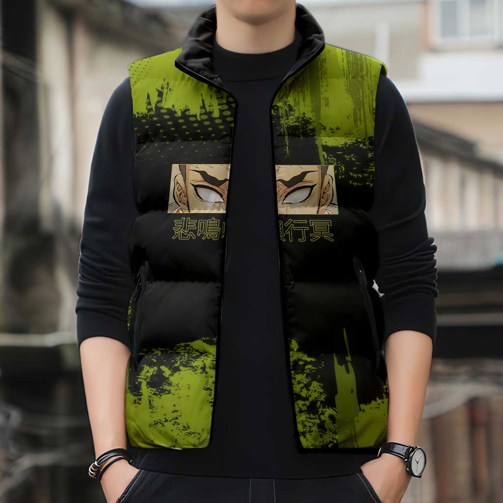 Gyomei Himejima Demon Slayer Bold Green Theme Sleeveless Puffer Jacket with Prayer Pose and Intense Expression Design - The Mazicc