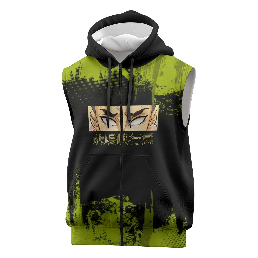 Gyomei Himejima Demon Slayer Bold Green Theme Sleeveless Zip Hoodie with Prayer Pose and Intense Expression Design - The Mazicc