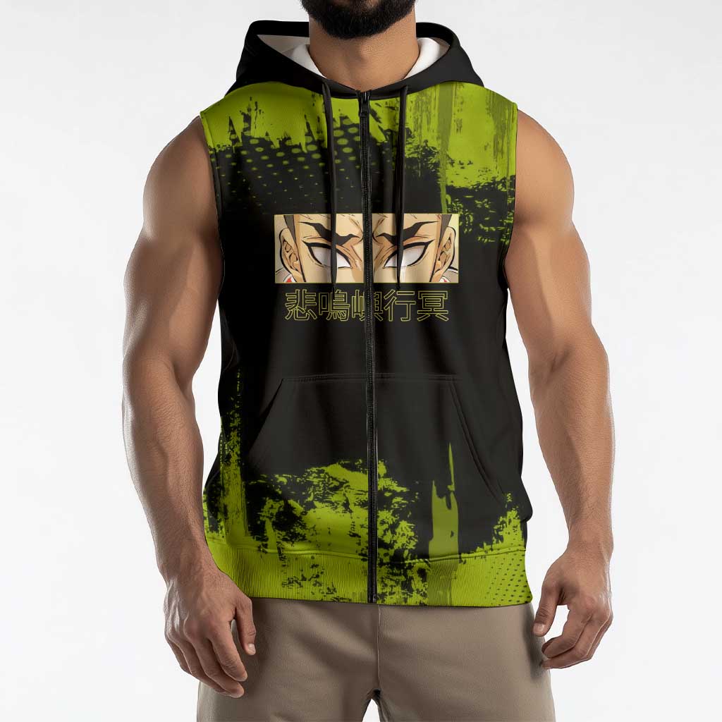 Gyomei Himejima Demon Slayer Bold Green Theme Sleeveless Zip Hoodie with Prayer Pose and Intense Expression Design - The Mazicc