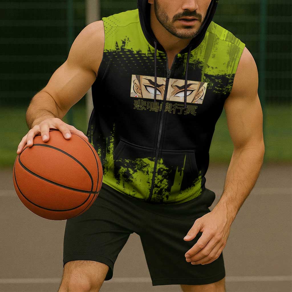 Gyomei Himejima Demon Slayer Bold Green Theme Sleeveless Zip Hoodie with Prayer Pose and Intense Expression Design - The Mazicc