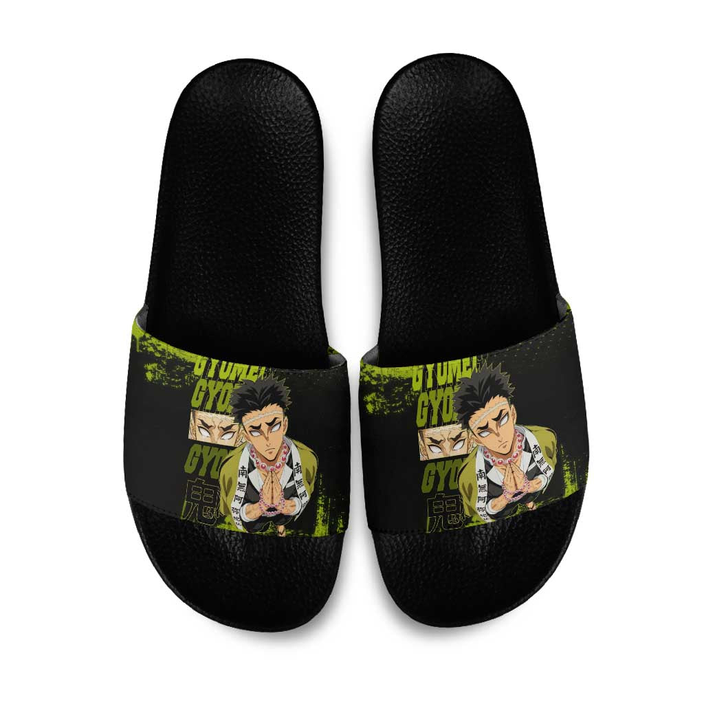 Gyomei Himejima Demon Slayer Bold Green Theme Slide Sandals with Prayer Pose and Intense Expression Design - The Mazicc