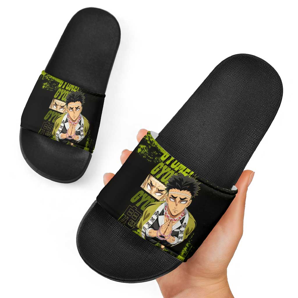 Gyomei Himejima Demon Slayer Bold Green Theme Slide Sandals with Prayer Pose and Intense Expression Design - The Mazicc