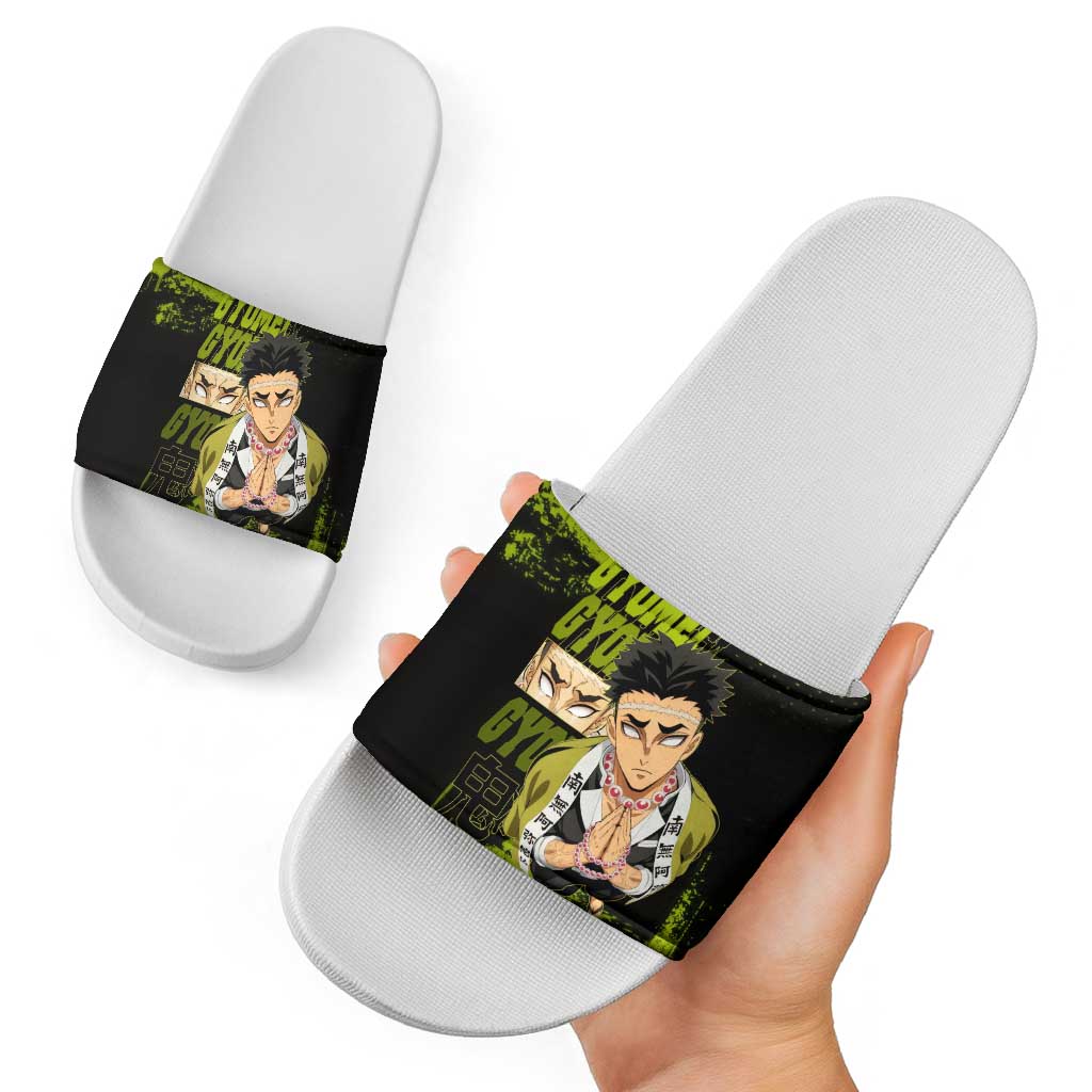 Gyomei Himejima Demon Slayer Bold Green Theme Slide Sandals with Prayer Pose and Intense Expression Design - The Mazicc
