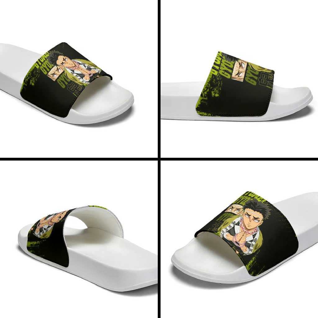 Gyomei Himejima Demon Slayer Bold Green Theme Slide Sandals with Prayer Pose and Intense Expression Design - The Mazicc