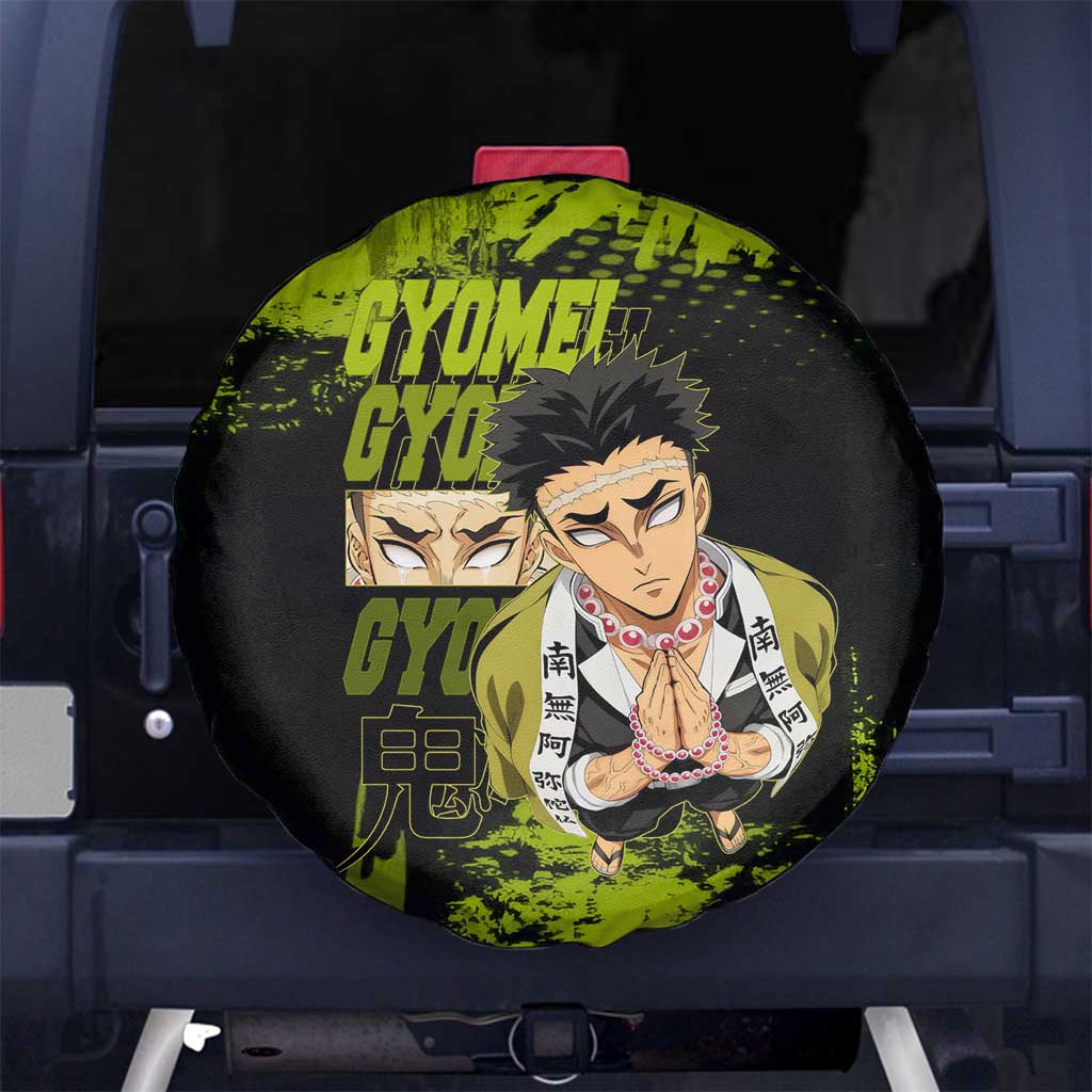 Gyomei Himejima Demon Slayer Bold Green Theme Spare Tire Cover with Prayer Pose and Intense Expression Design - The Mazicc