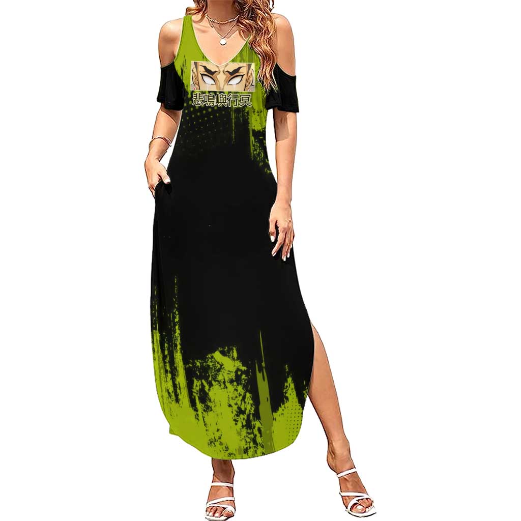 Gyomei Himejima Demon Slayer Bold Green Theme Summer Maxi Dress with Prayer Pose and Intense Expression Design - The Mazicc