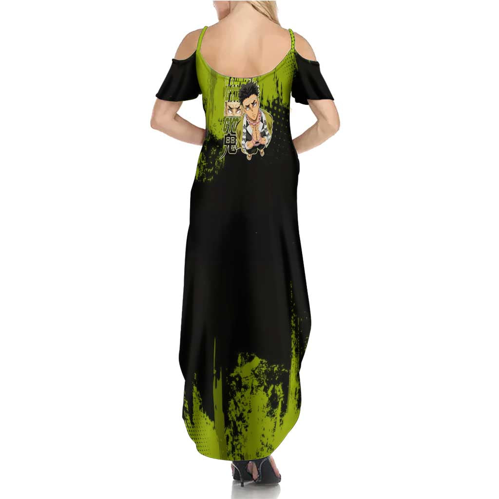 Gyomei Himejima Demon Slayer Bold Green Theme Summer Maxi Dress with Prayer Pose and Intense Expression Design - The Mazicc