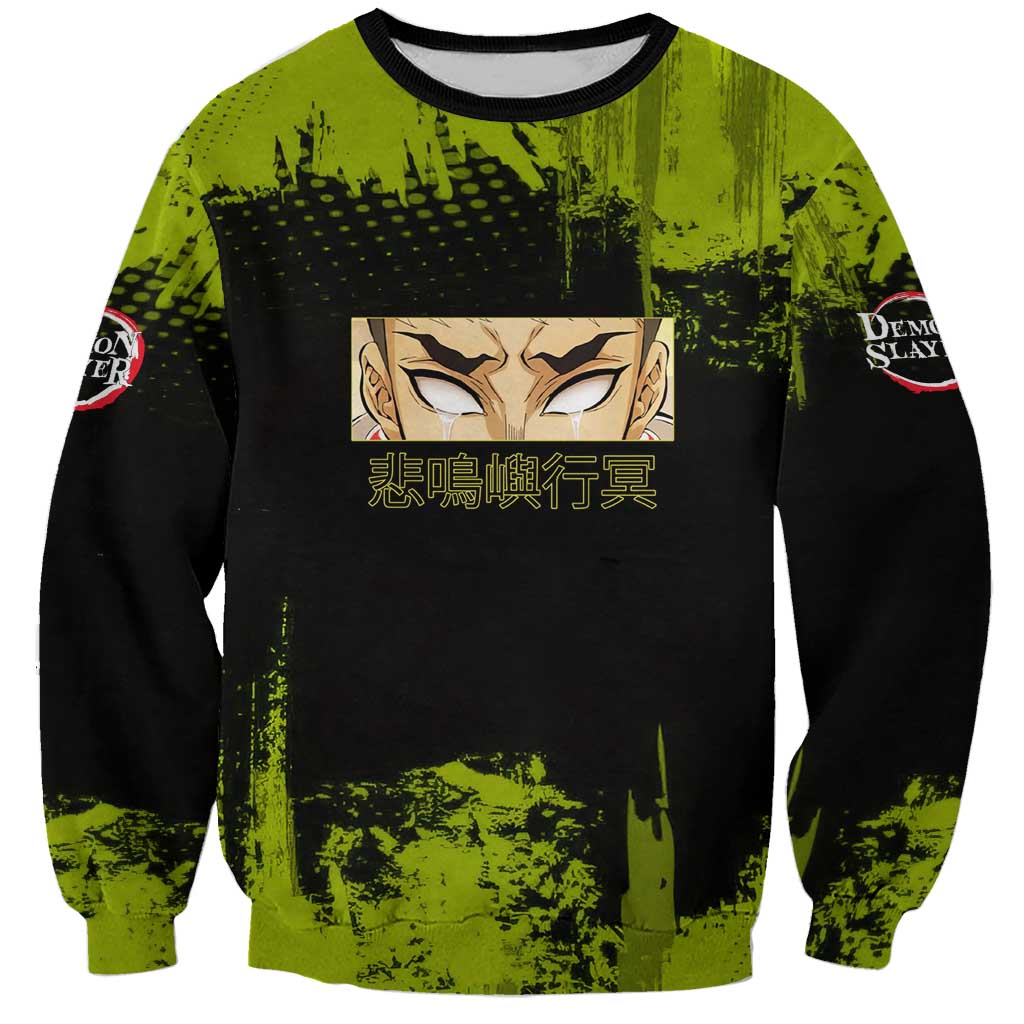 Gyomei Himejima Demon Slayer Bold Green Theme Sweatshirt with Prayer Pose and Intense Expression Design - The Mazicc