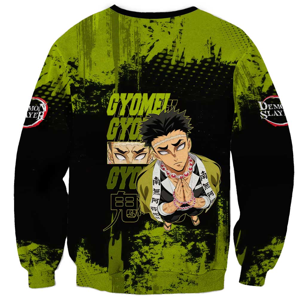 Gyomei Himejima Demon Slayer Bold Green Theme Sweatshirt with Prayer Pose and Intense Expression Design - The Mazicc