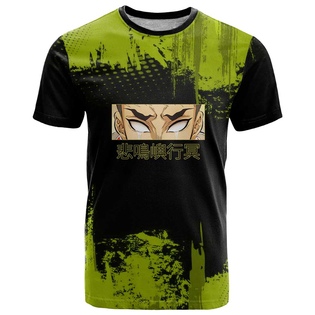 Gyomei Himejima Demon Slayer Bold Green Theme T Shirt with Prayer Pose and Intense Expression Design - The Mazicc