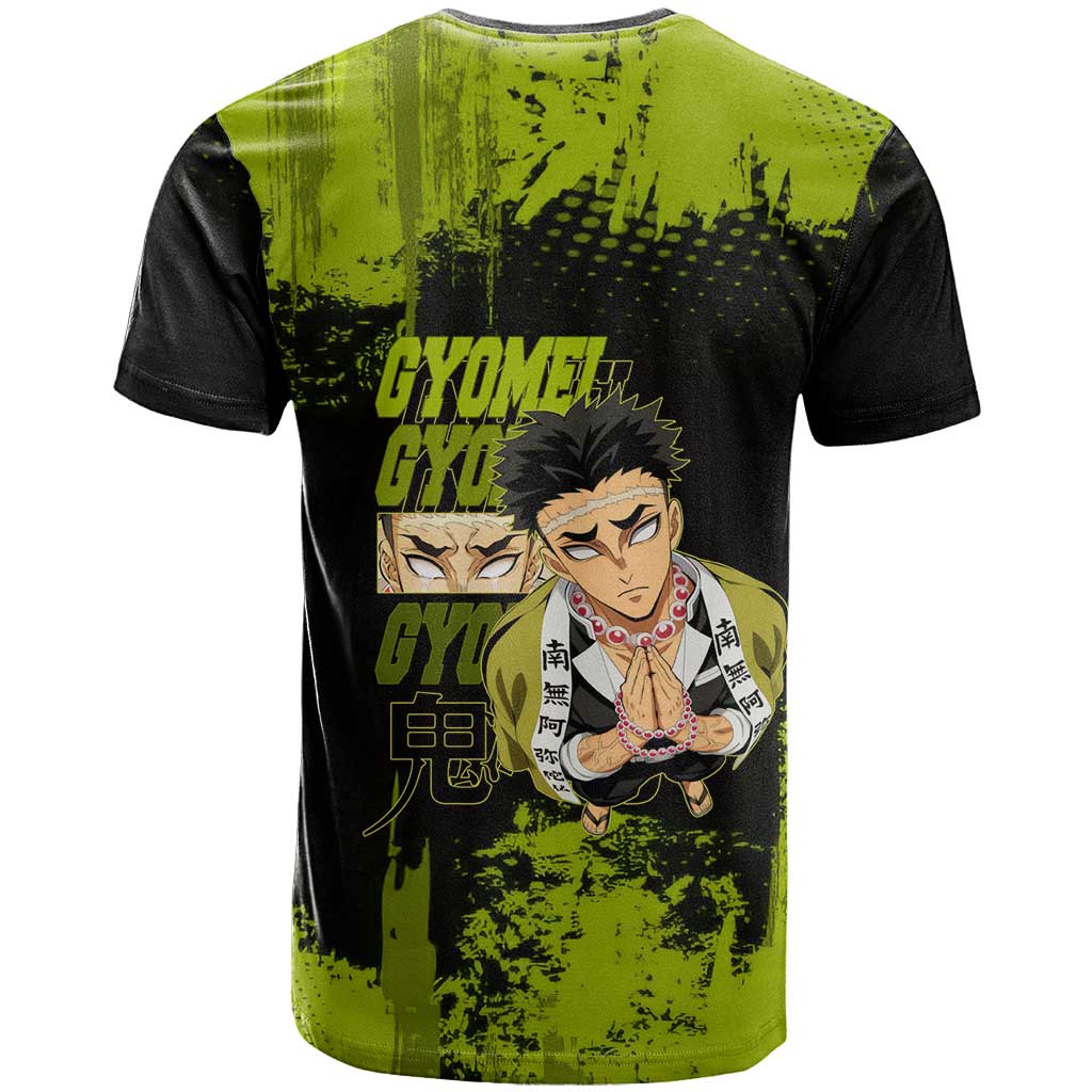 Gyomei Himejima Demon Slayer Bold Green Theme T Shirt with Prayer Pose and Intense Expression Design - The Mazicc