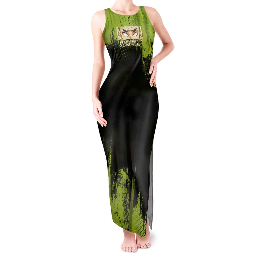 Gyomei Himejima Demon Slayer Bold Green Theme Tank Maxi Dress with Prayer Pose and Intense Expression Design - The Mazicc