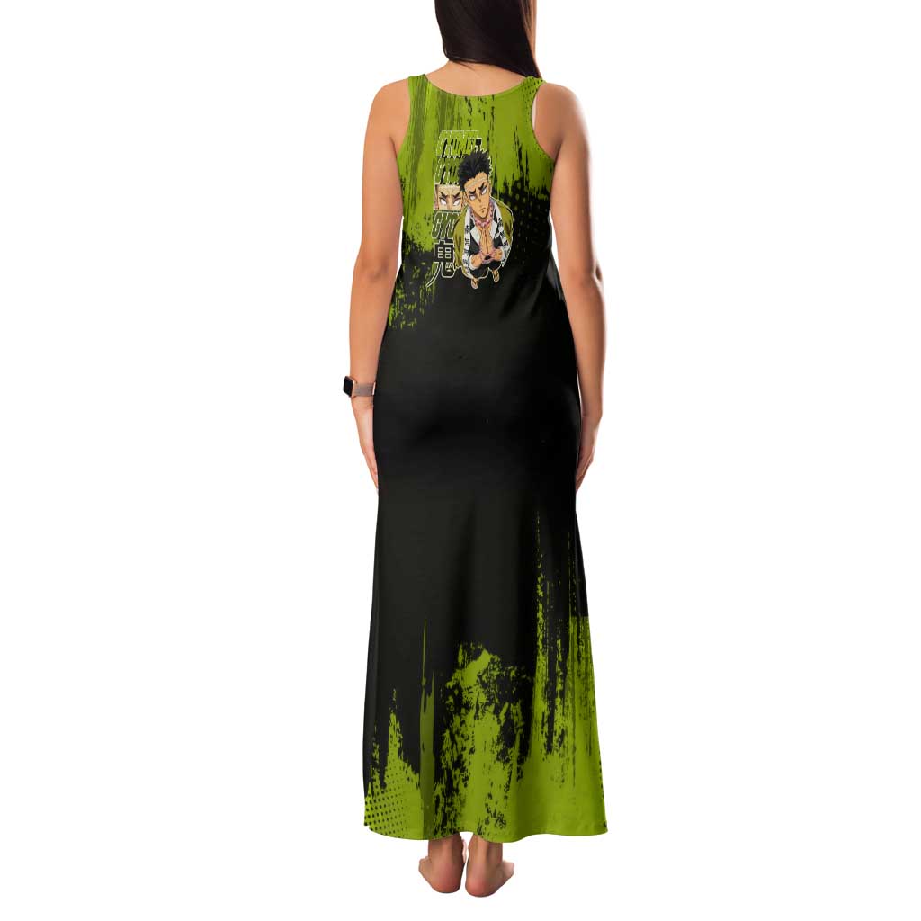 Gyomei Himejima Demon Slayer Bold Green Theme Tank Maxi Dress with Prayer Pose and Intense Expression Design - The Mazicc
