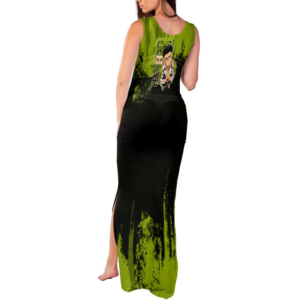 Gyomei Himejima Demon Slayer Bold Green Theme Tank Maxi Dress with Prayer Pose and Intense Expression Design - The Mazicc