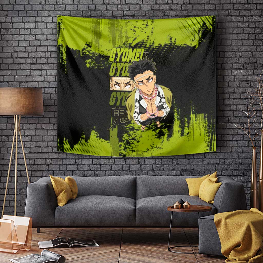 Gyomei Himejima Demon Slayer Bold Green Theme Tapestry with Prayer Pose and Intense Expression Design - The Mazicc