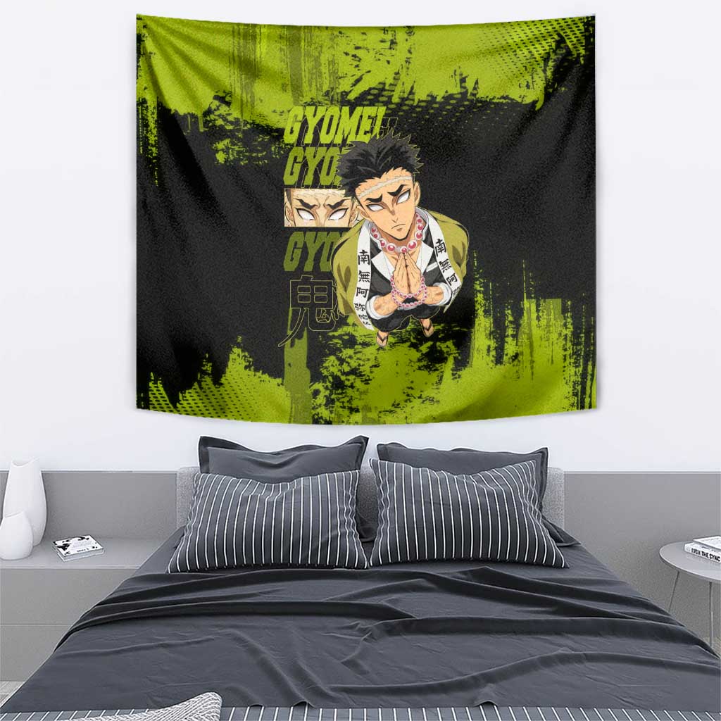 Gyomei Himejima Demon Slayer Bold Green Theme Tapestry with Prayer Pose and Intense Expression Design - The Mazicc