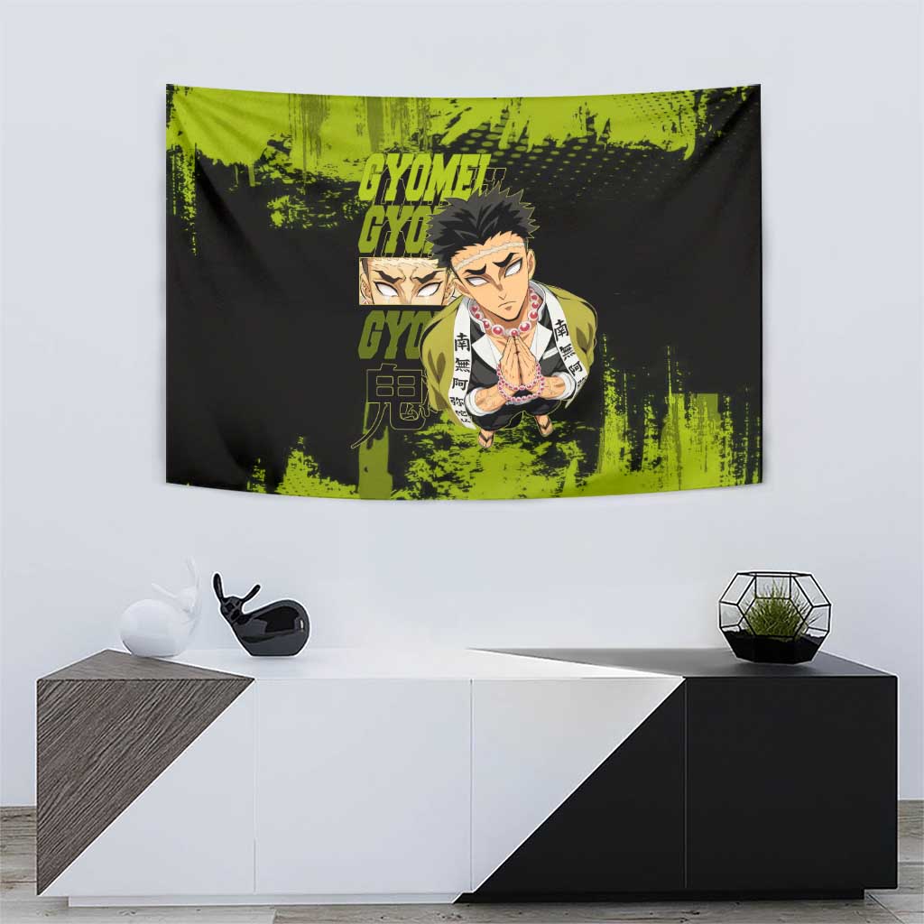 Gyomei Himejima Demon Slayer Bold Green Theme Tapestry with Prayer Pose and Intense Expression Design - The Mazicc