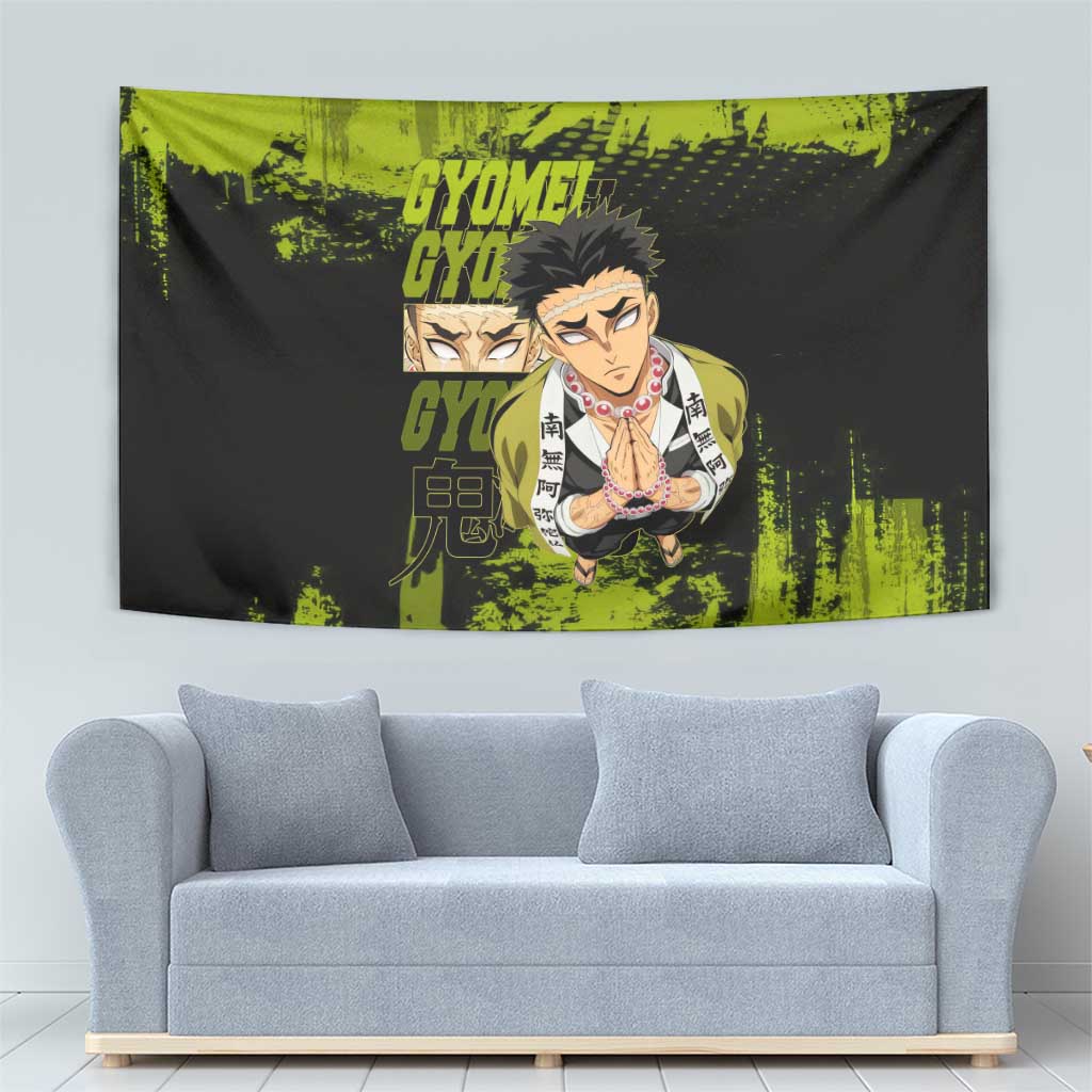 Gyomei Himejima Demon Slayer Bold Green Theme Tapestry with Prayer Pose and Intense Expression Design - The Mazicc
