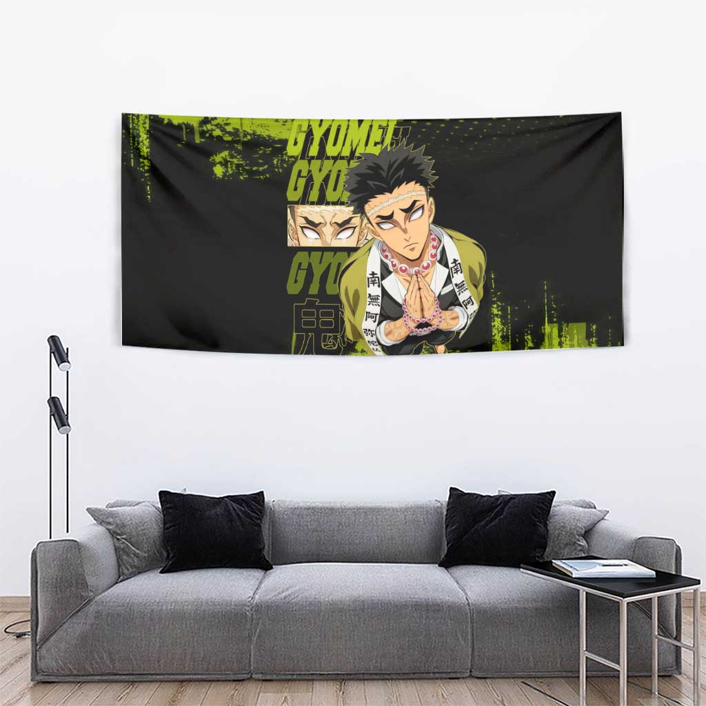 Gyomei Himejima Demon Slayer Bold Green Theme Tapestry with Prayer Pose and Intense Expression Design - The Mazicc
