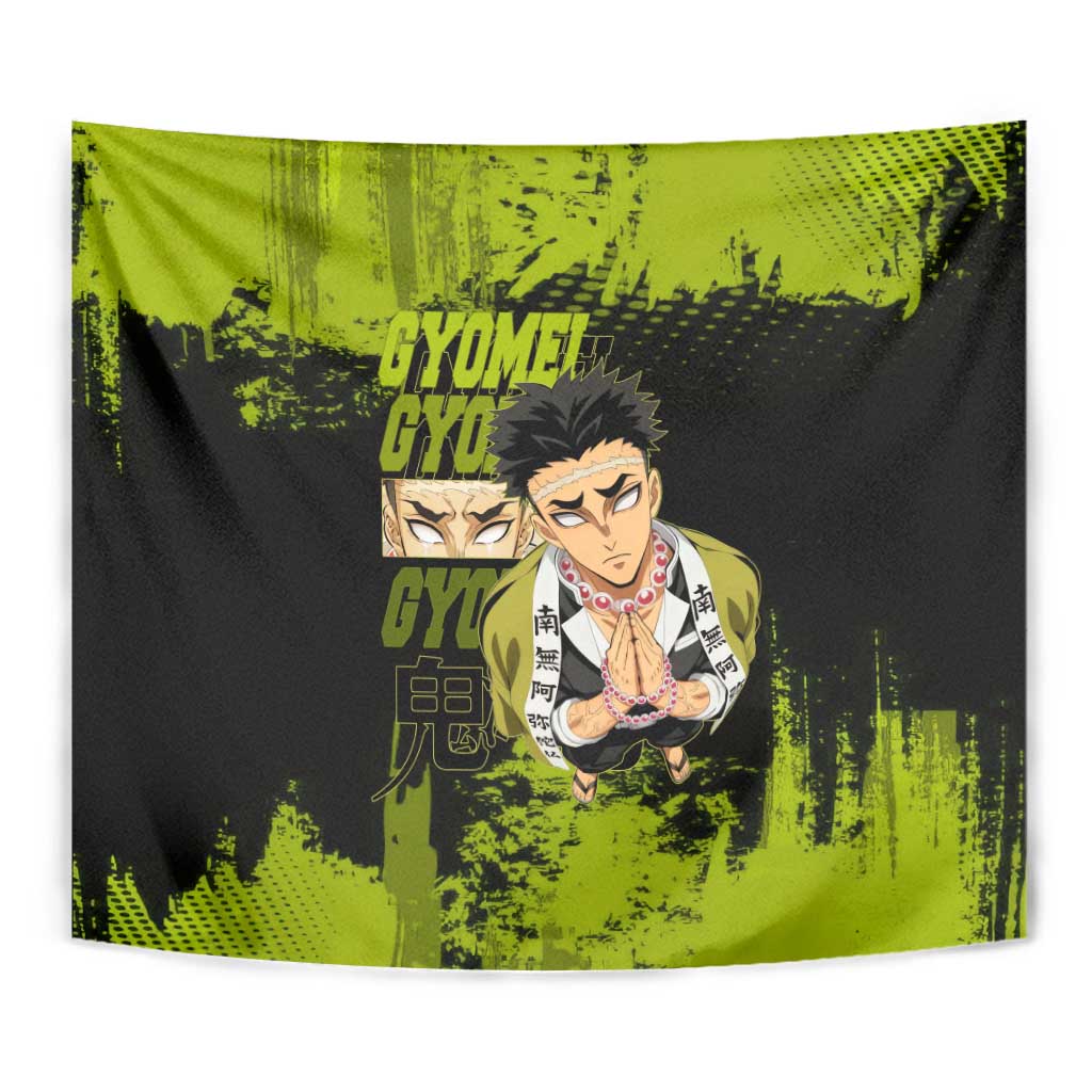 Gyomei Himejima Demon Slayer Bold Green Theme Tapestry with Prayer Pose and Intense Expression Design - The Mazicc