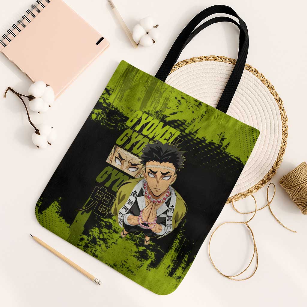 Gyomei Himejima Demon Slayer Bold Green Theme Tote Bag with Prayer Pose and Intense Expression Design - The Mazicc