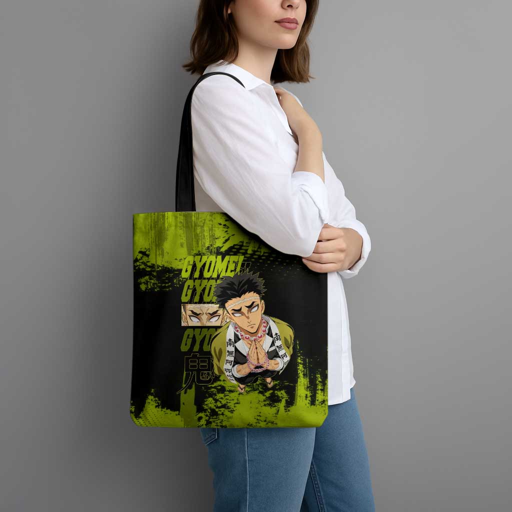 Gyomei Himejima Demon Slayer Bold Green Theme Tote Bag with Prayer Pose and Intense Expression Design - The Mazicc