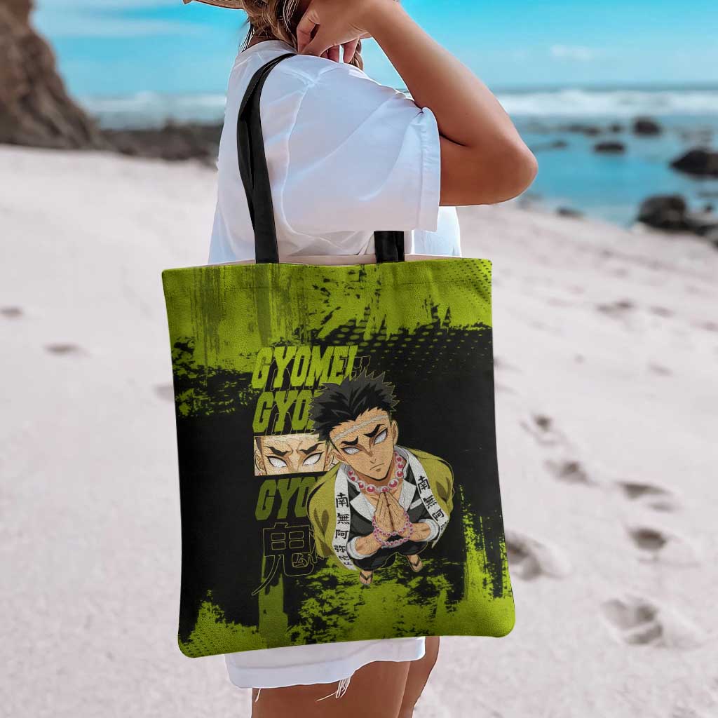 Gyomei Himejima Demon Slayer Bold Green Theme Tote Bag with Prayer Pose and Intense Expression Design - The Mazicc