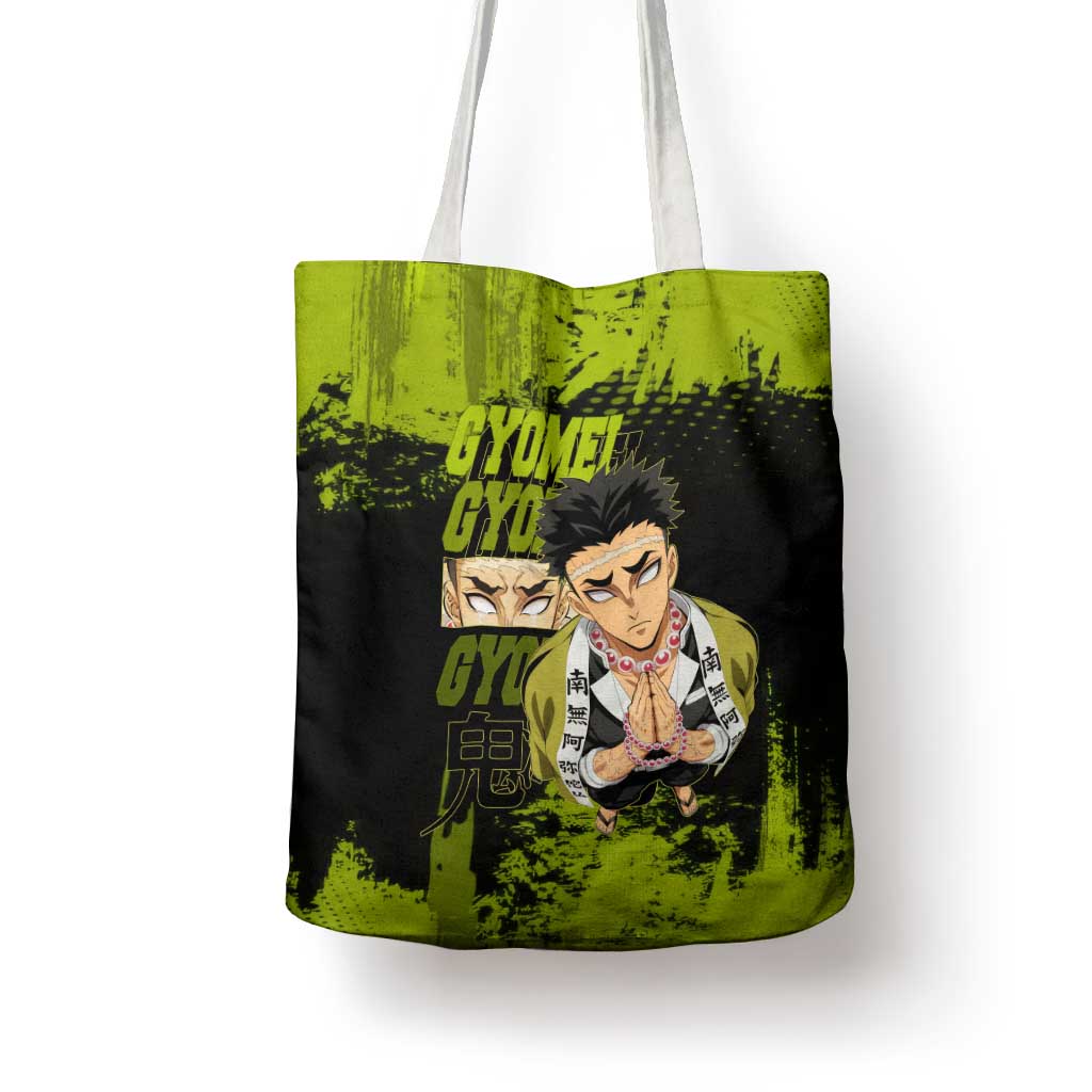 Gyomei Himejima Demon Slayer Bold Green Theme Tote Bag with Prayer Pose and Intense Expression Design - The Mazicc