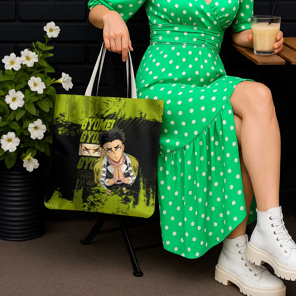 Gyomei Himejima Demon Slayer Bold Green Theme Tote Bag with Prayer Pose and Intense Expression Design - The Mazicc