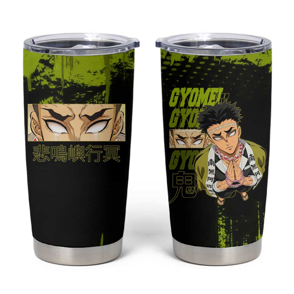 Gyomei Himejima Demon Slayer Bold Green Theme Tumbler Cup with Prayer Pose and Intense Expression Design - The Mazicc