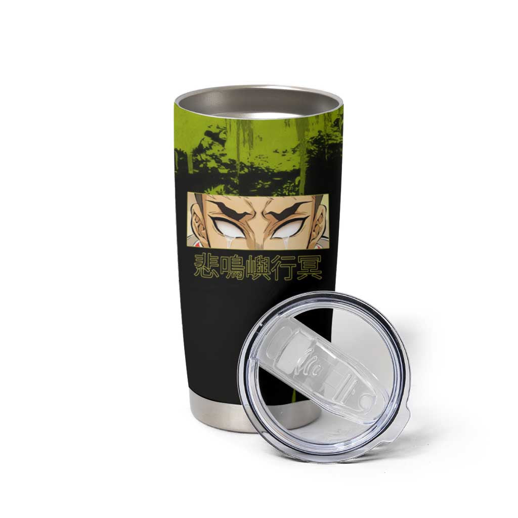 Gyomei Himejima Demon Slayer Bold Green Theme Tumbler Cup with Prayer Pose and Intense Expression Design - The Mazicc