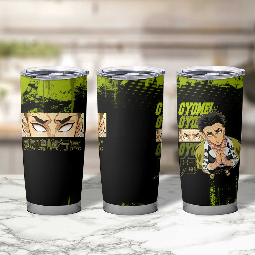 Gyomei Himejima Demon Slayer Bold Green Theme Tumbler Cup with Prayer Pose and Intense Expression Design - The Mazicc