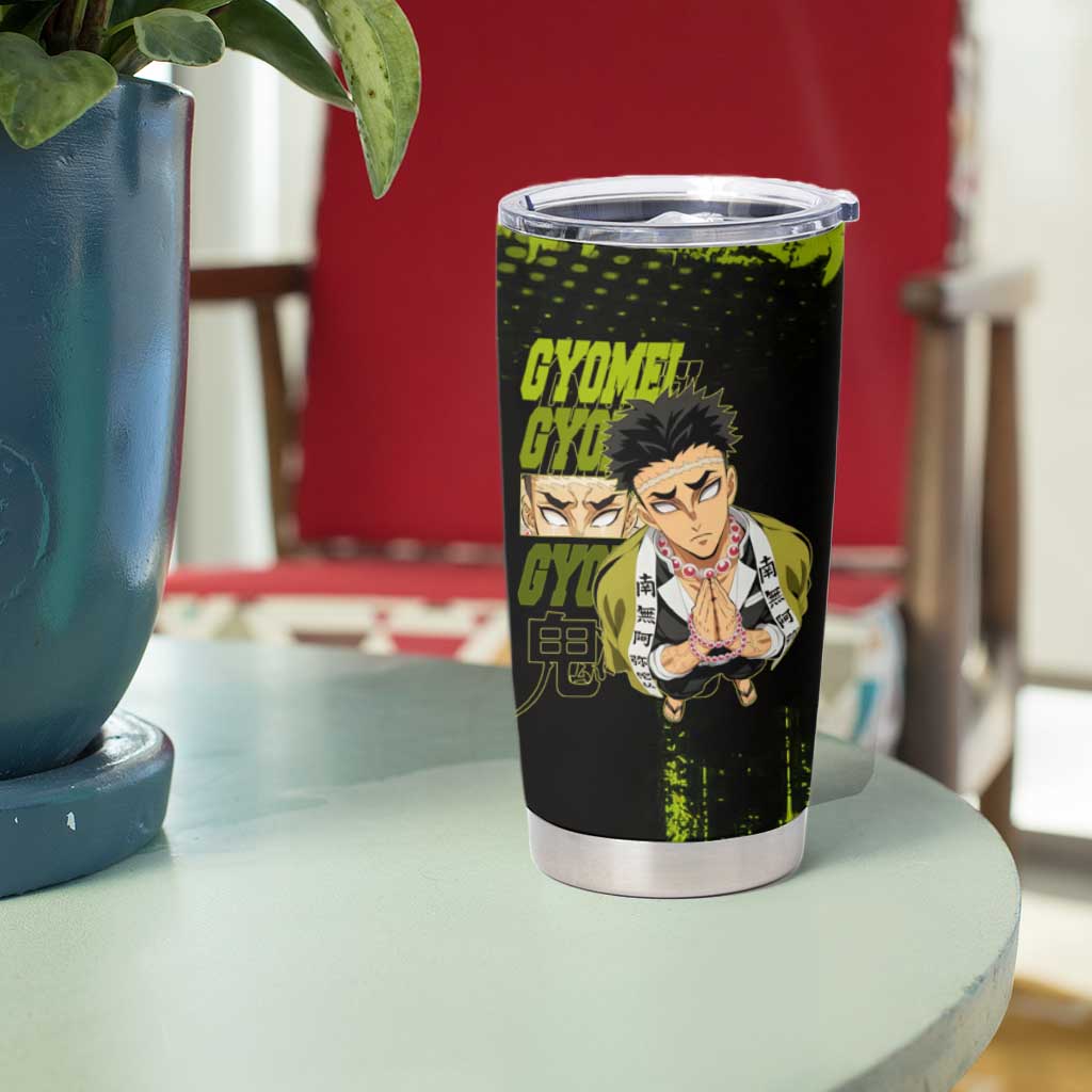 Gyomei Himejima Demon Slayer Bold Green Theme Tumbler Cup with Prayer Pose and Intense Expression Design - The Mazicc