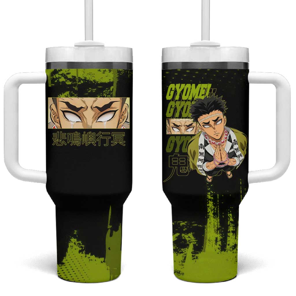 Gyomei Himejima Demon Slayer Bold Green Theme Tumbler With Handle with Prayer Pose and Intense Expression Design - The Mazicc