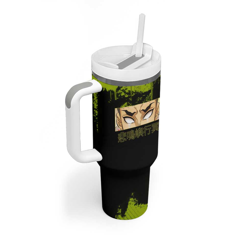 Gyomei Himejima Demon Slayer Bold Green Theme Tumbler With Handle with Prayer Pose and Intense Expression Design - The Mazicc
