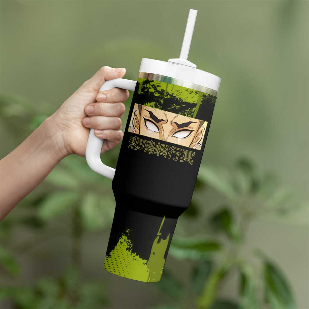 Gyomei Himejima Demon Slayer Bold Green Theme Tumbler With Handle with Prayer Pose and Intense Expression Design - The Mazicc