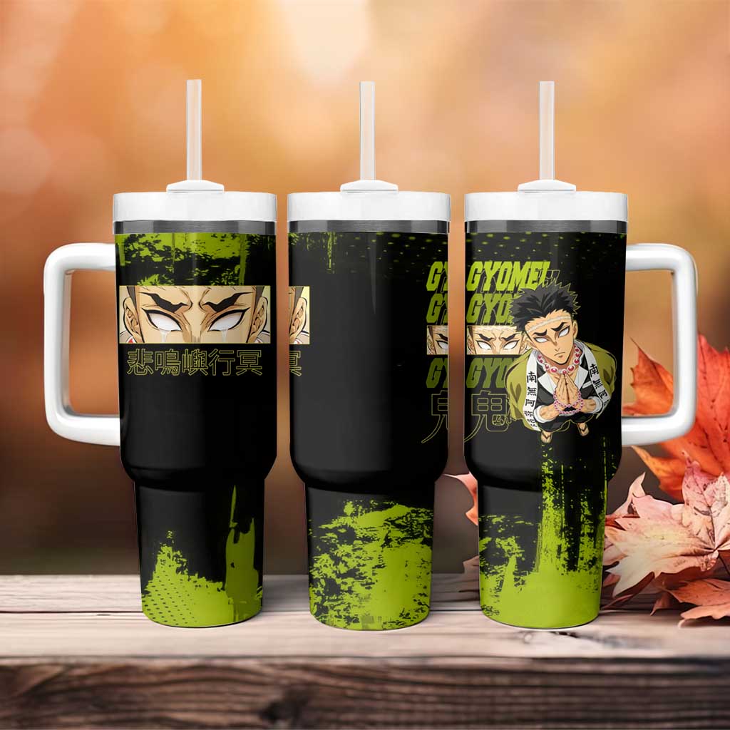 Gyomei Himejima Demon Slayer Bold Green Theme Tumbler With Handle with Prayer Pose and Intense Expression Design - The Mazicc