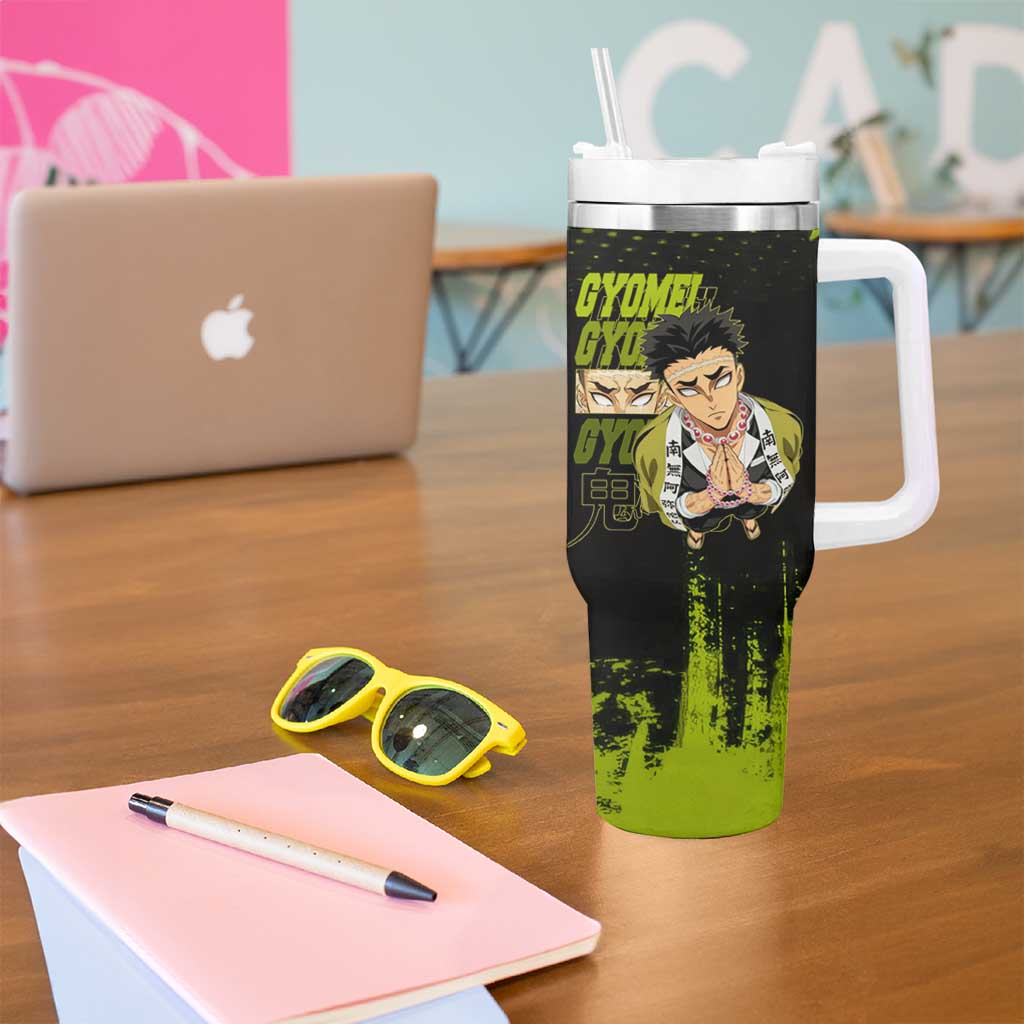 Gyomei Himejima Demon Slayer Bold Green Theme Tumbler With Handle with Prayer Pose and Intense Expression Design - The Mazicc