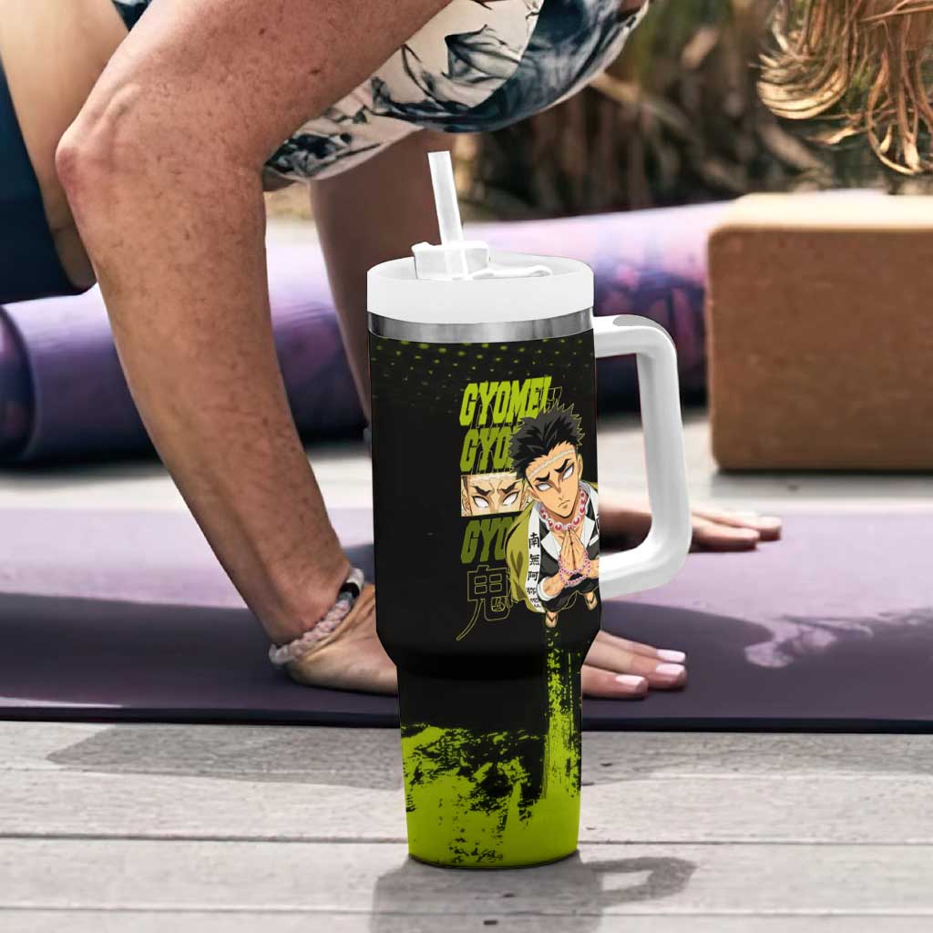 Gyomei Himejima Demon Slayer Bold Green Theme Tumbler With Handle with Prayer Pose and Intense Expression Design - The Mazicc