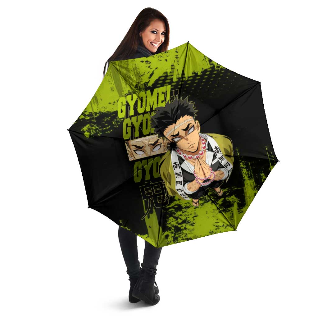 Gyomei Himejima Demon Slayer Bold Green Theme Umbrella with Prayer Pose and Intense Expression Design - The Mazicc