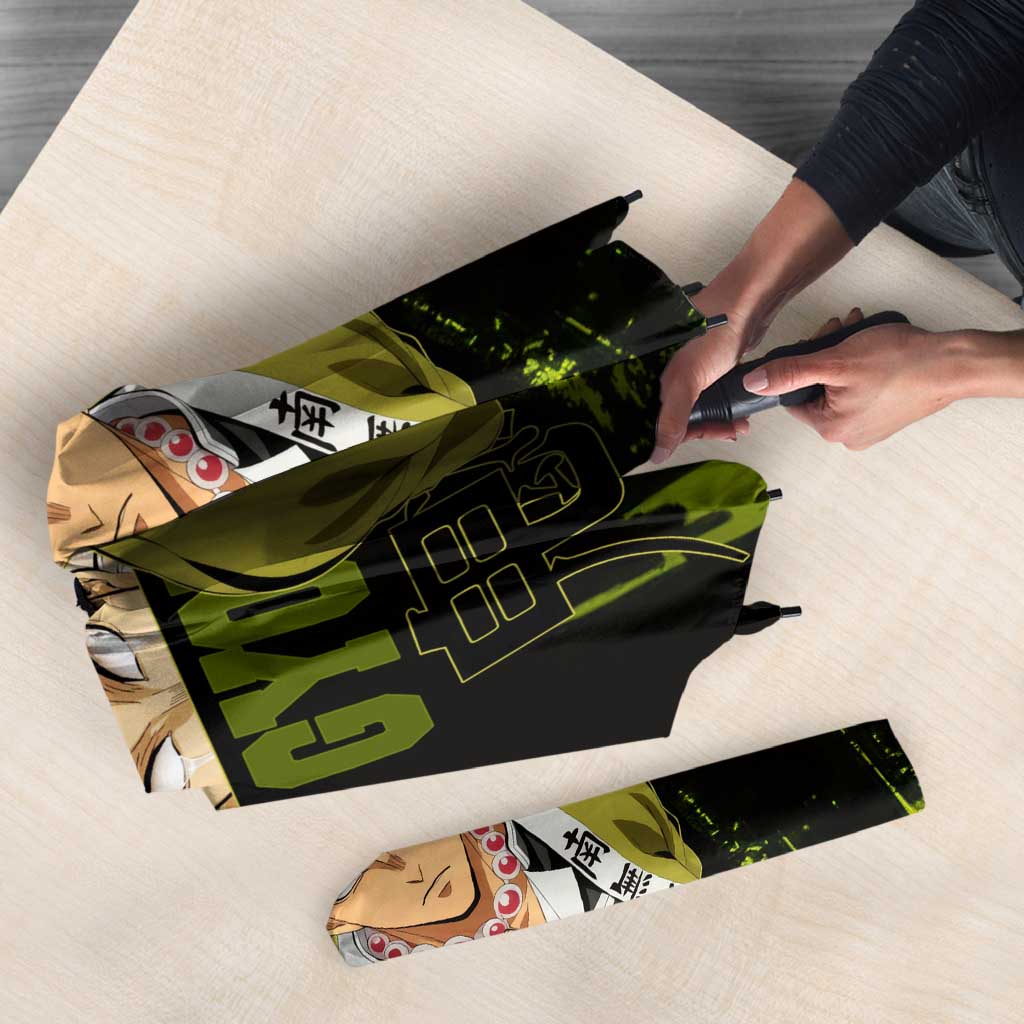 Gyomei Himejima Demon Slayer Bold Green Theme Umbrella with Prayer Pose and Intense Expression Design - The Mazicc