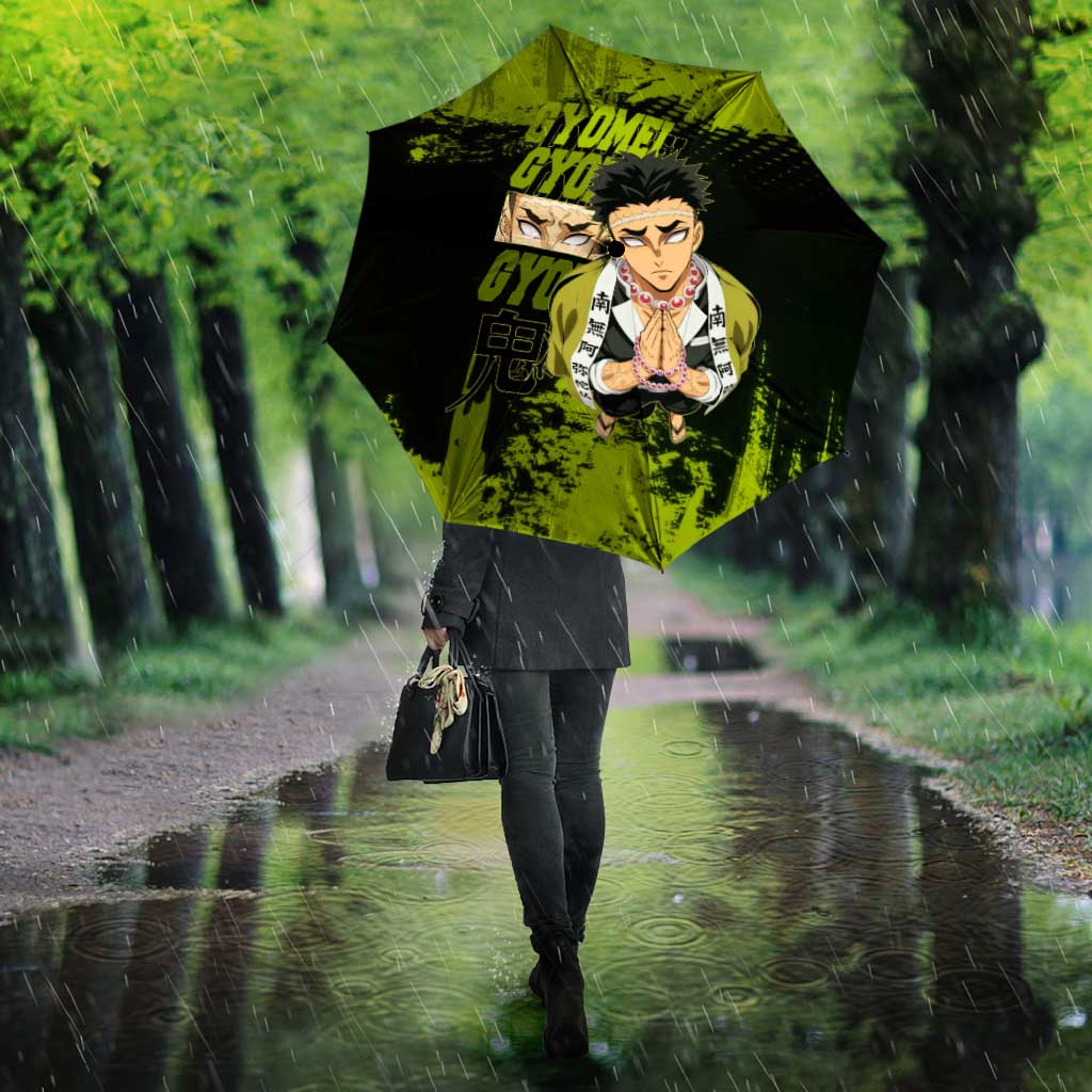 Gyomei Himejima Demon Slayer Bold Green Theme Umbrella with Prayer Pose and Intense Expression Design - The Mazicc