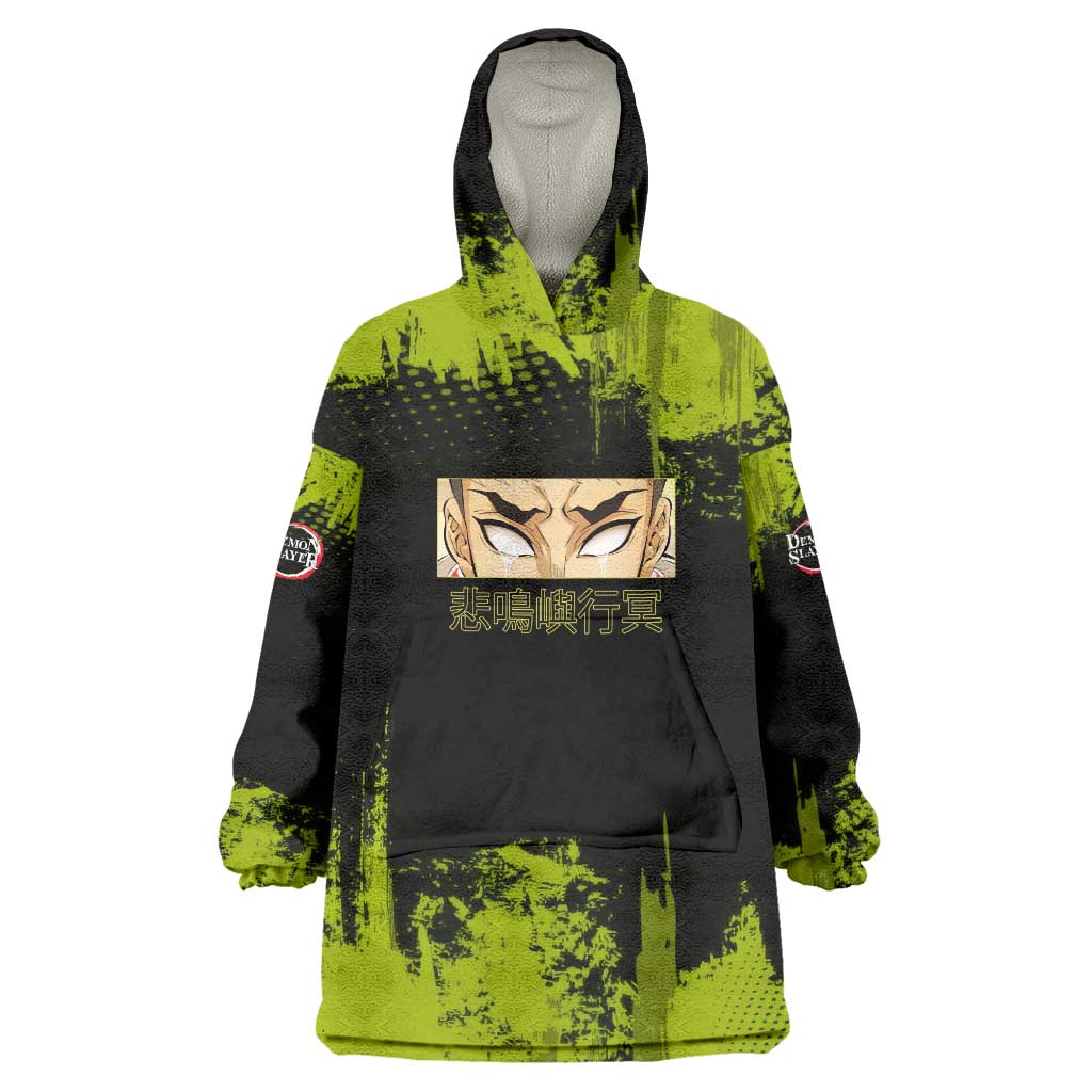 Gyomei Himejima Demon Slayer Bold Green Theme Wearable Blanket Hoodie with Prayer Pose and Intense Expression Design - The Mazicc