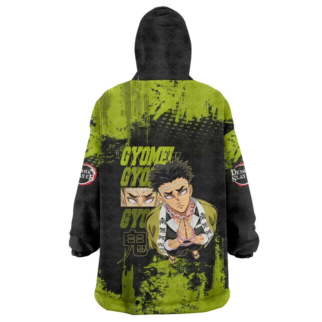 Gyomei Himejima Demon Slayer Bold Green Theme Wearable Blanket Hoodie with Prayer Pose and Intense Expression Design - The Mazicc