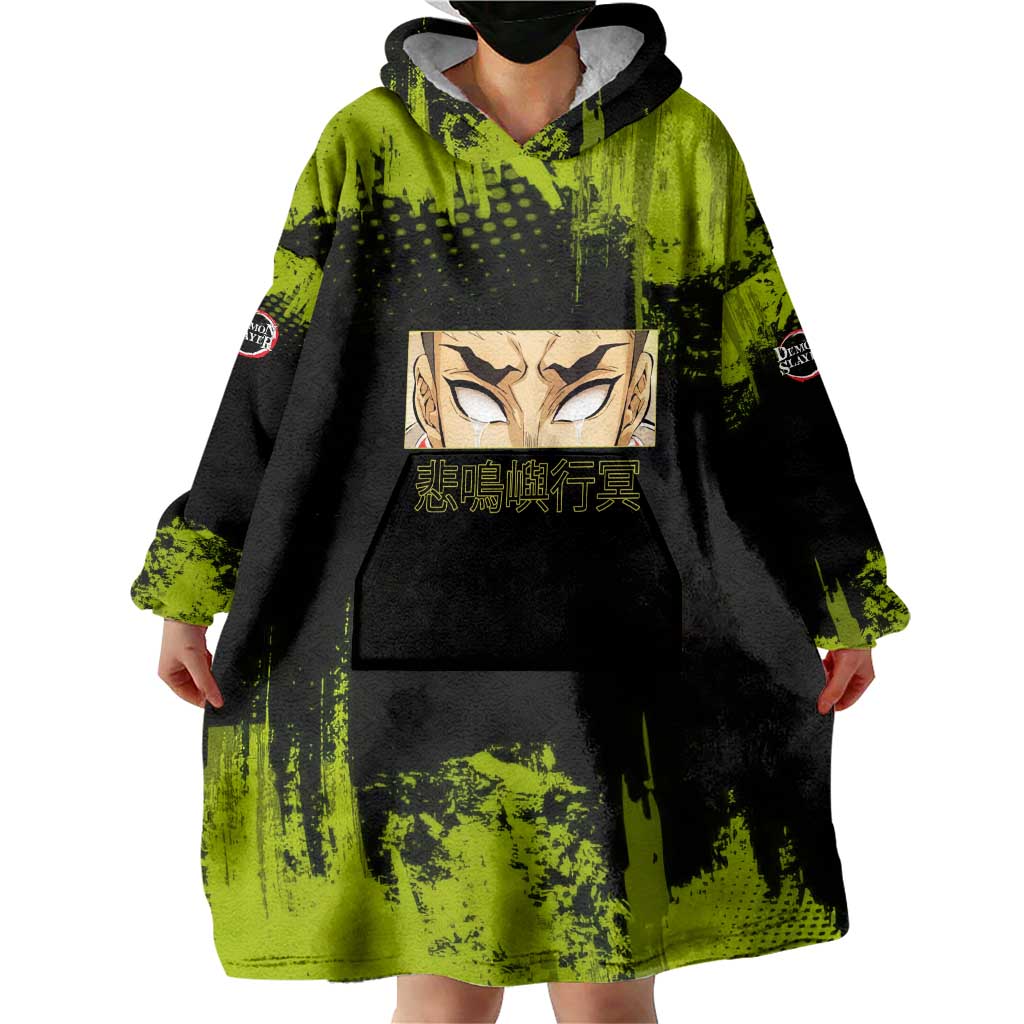 Gyomei Himejima Demon Slayer Bold Green Theme Wearable Blanket Hoodie with Prayer Pose and Intense Expression Design - The Mazicc