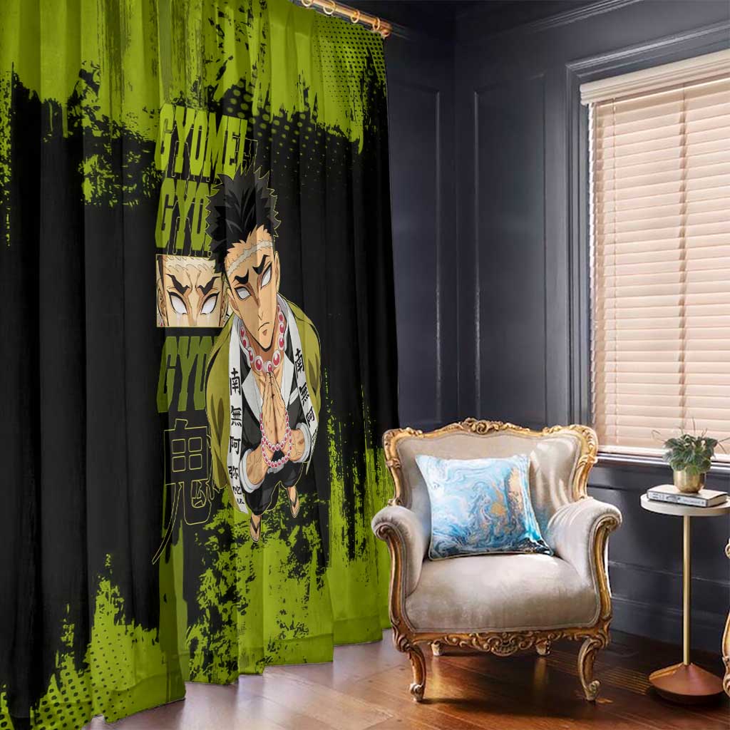Gyomei Himejima Demon Slayer Bold Green Theme Window Curtain with Prayer Pose and Intense Expression Design - The Mazicc