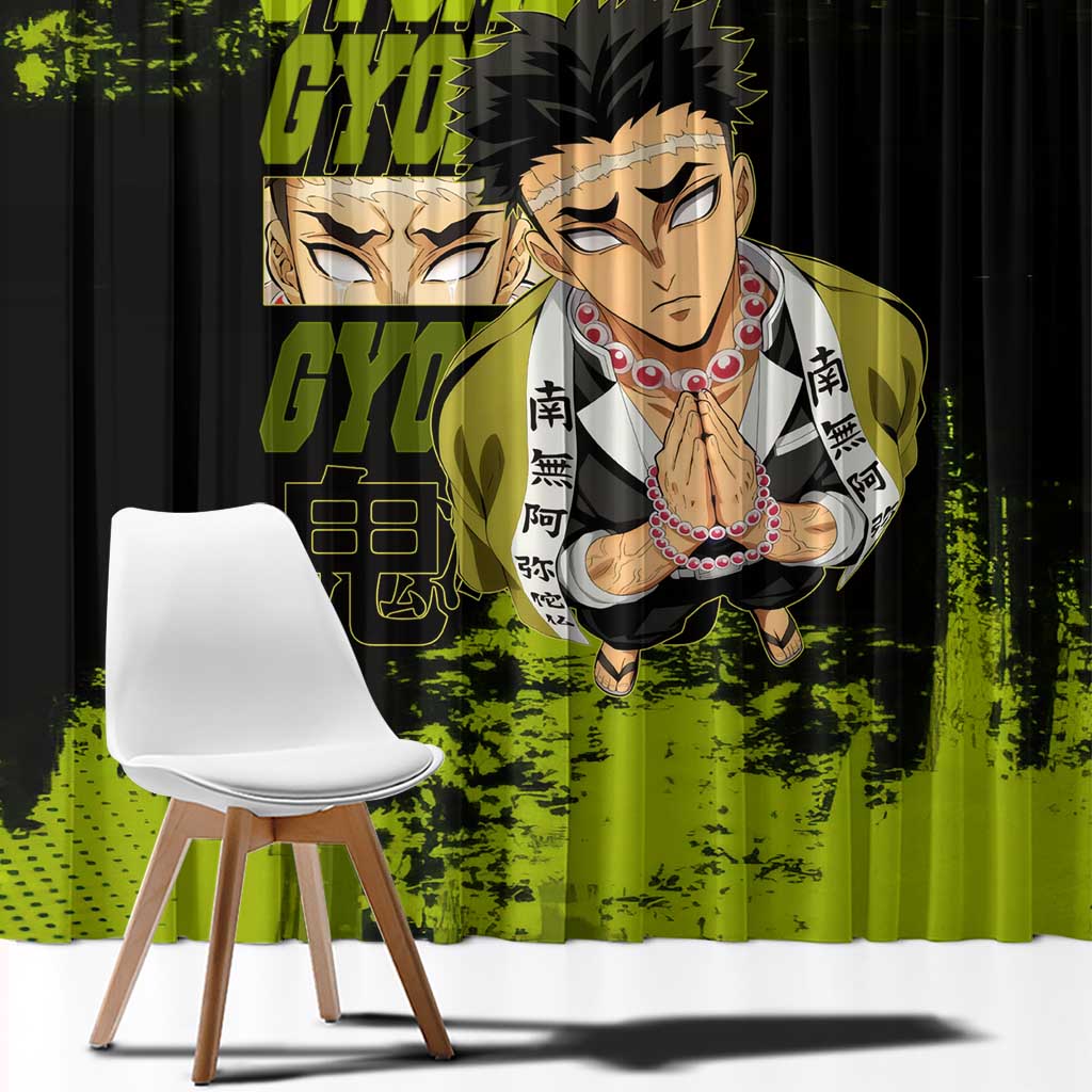Gyomei Himejima Demon Slayer Bold Green Theme Window Curtain with Prayer Pose and Intense Expression Design - The Mazicc
