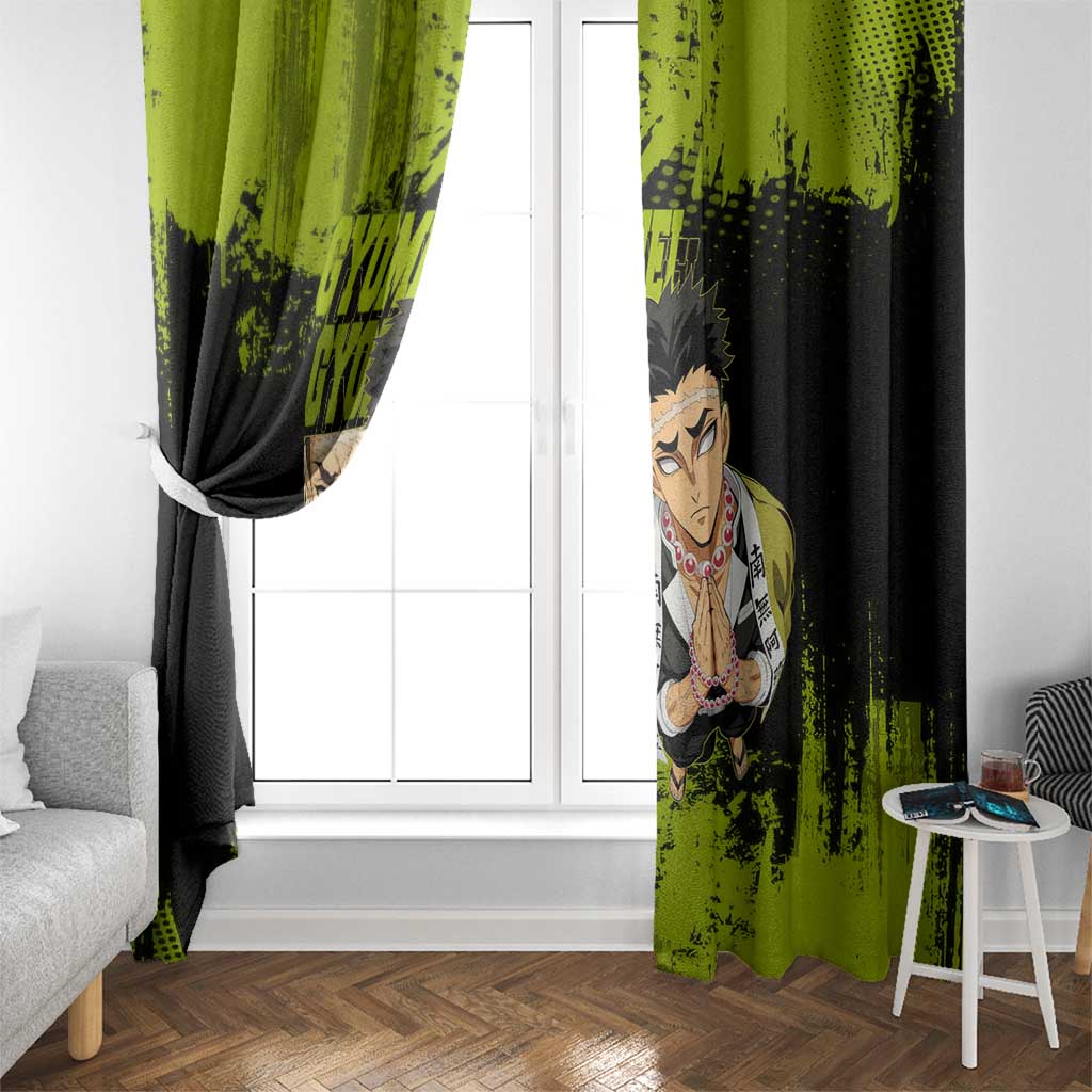 Gyomei Himejima Demon Slayer Bold Green Theme Window Curtain with Prayer Pose and Intense Expression Design - The Mazicc
